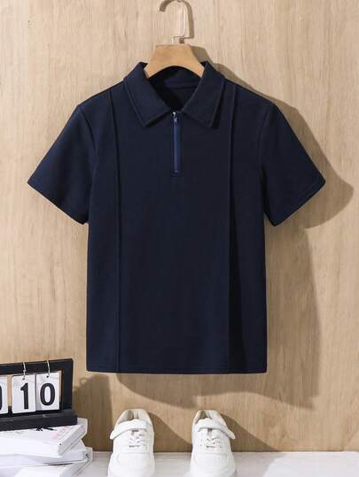 SHEIN 男童海军蓝简约廓形 Polo 衫，休闲学院风，舒适时尚，百搭柔软面料，适合日常穿着、上学、旅行、返校季、假日派对、夏季海滩度假、春夏穿着。