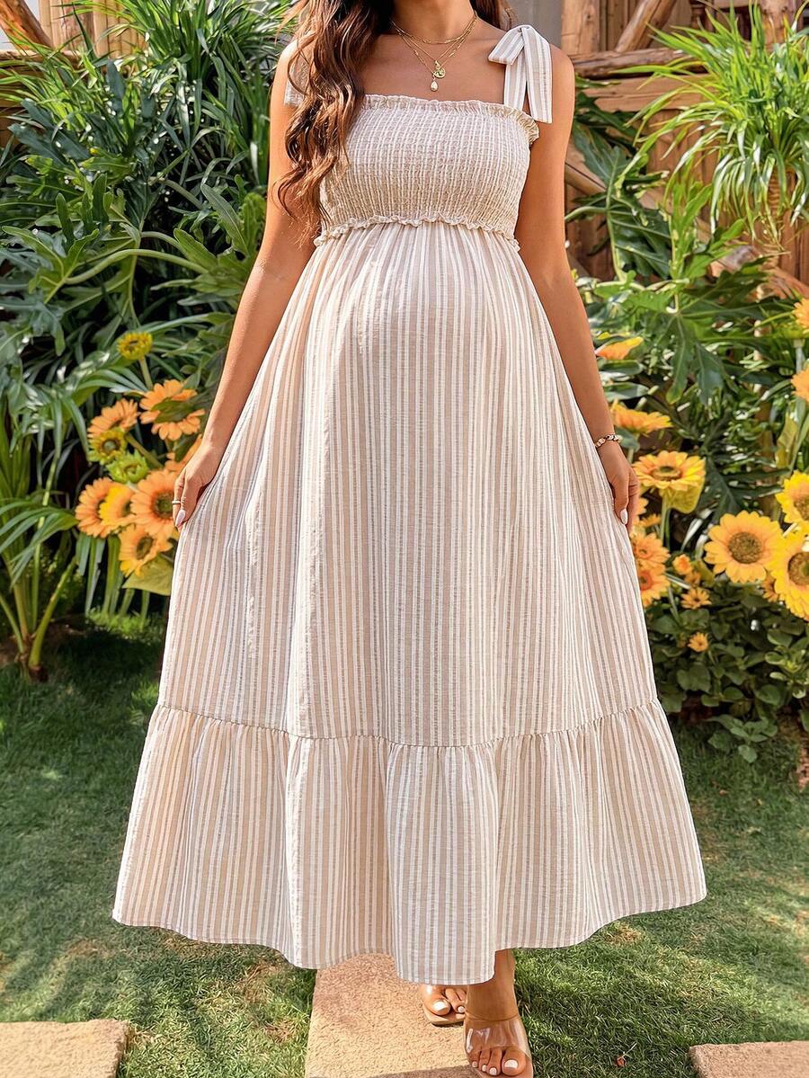 Lyckli Vestido de maternidad de rayas y parches con lazo para vacaciones - Caqui - Ver 1