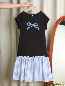 SHEIN Tween Girl Bow Striped Print Round Neck Short Sleeve Casual Dress, Vacation Dress - Blue - View 6
