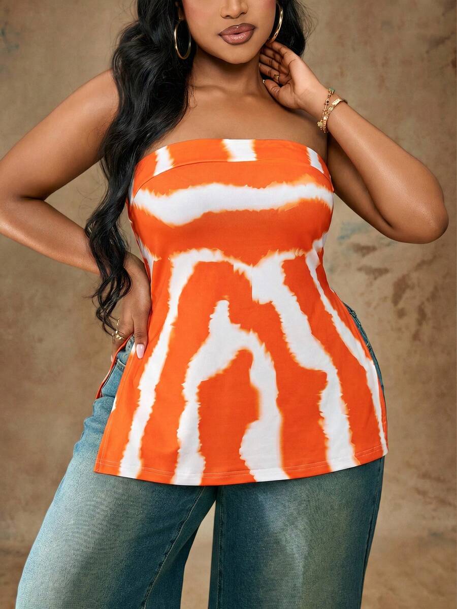 Truni Áo croptop hở lưng in họa tiết tie-dye màu cam dành cho nữ cỡ lớn, thích hợp mặc đi biển.