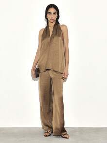 Women Halter Neck Cross Back Top Wide Leg Palazzo Pants Two Piece Coord Set Outfit Summer Lounge Casual Matching Set - Brown - View 3