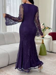 Modelyn Women's Solid Color V-Neck Lace Patchwork Fitted Elegant Long Sleeve Mini Dress - Purple - View 3