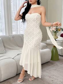 Feyla Women's Fashion Strapless Dress & Scarf - Apricot - View 4