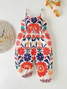 Baby Girl Floral Print Casual Jumpsuit - Multicolor - View 1