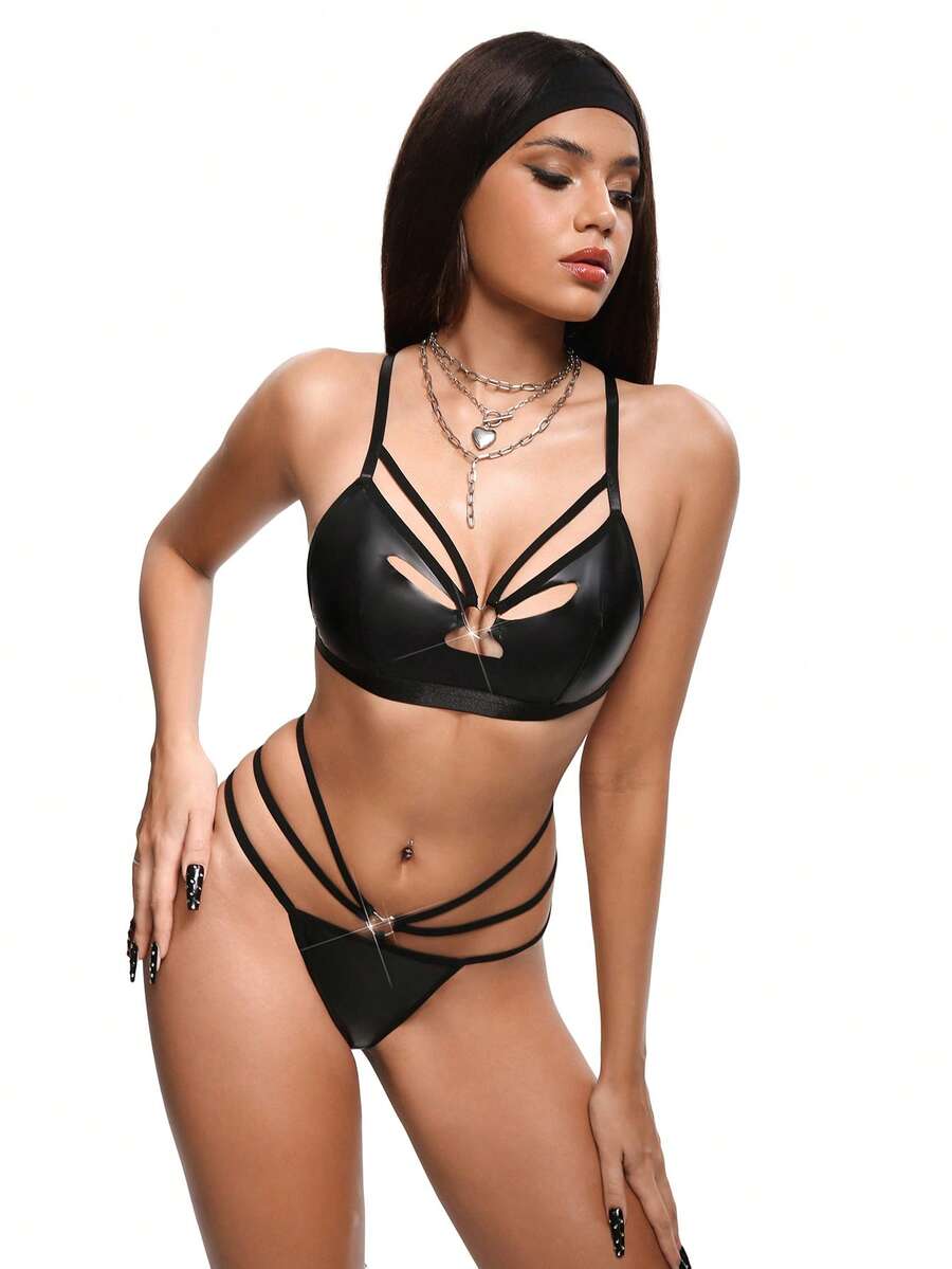 SHEIN Bộ đồ lót nữ bằng da khoét rỗng màu đen hiệu Trendsetter gồm 2 món. - màu đen - Xem 1