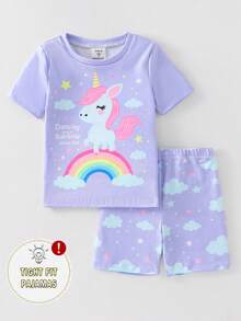 Young Girl' Navy Blue Cute Unicorn Print Short Sleeve Shorts 2 Pieces Pajama Set - Mauve Purple - View 3