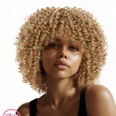 Density Pro 蜜金色非裔卷发波波头假发，带刘海，12英寸，200%高密度真人发，无需胶水，即戴即走，机织假发，女士短款弹力卷发波波头刘海假发，柔软的巴西雷米发，小而紧密的卷曲非裔卷发假发，适合初学者日常佩戴，易于安装，外观自然，佩戴舒适，即戴即走，女士真人发假发，波波头假发款式，金色假发，休闲时尚，派对，夏季，婚礼，节日，非洲风格，特殊场合发型，易于打理