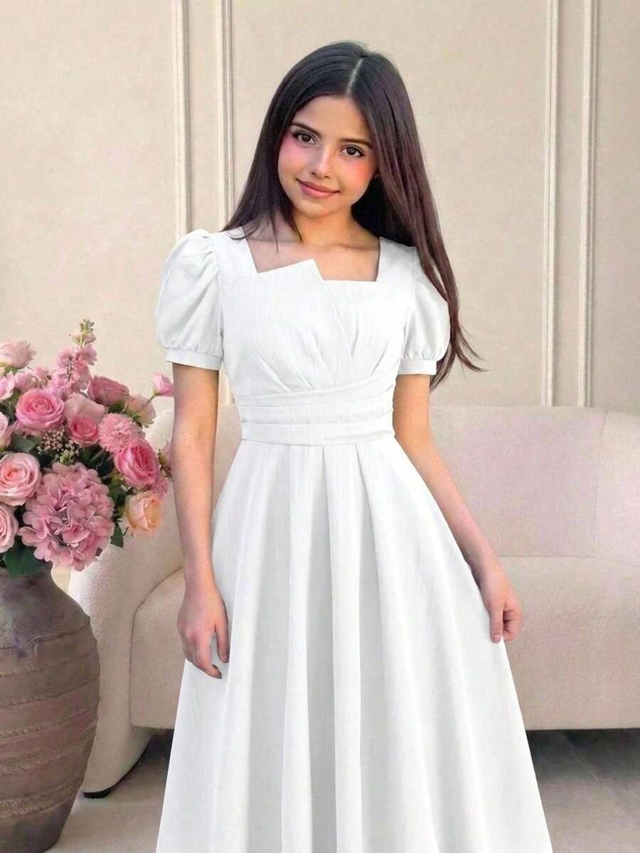 青少年女孩春夏優雅休閒街頭風 緹花紋理方領泡泡短袖長洋裝 酒紅色 童裝 - 白色 - 查看 1
