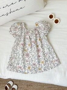 SHEIN 女婴可爱夏季度假碎花蝴蝶结连衣裙，婴幼儿碎花连衣裙，娃娃衫 - 彩色 - 查看 2