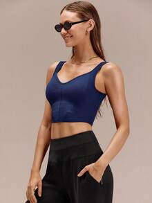 GLOWMODE Ultrafine Soft Seamless Rock Every Rep Sweetheart Neckline Asymmetric Hem Removable Cups Corset-Style Tank Top Running Workout Gym - Dark Blue - View 1