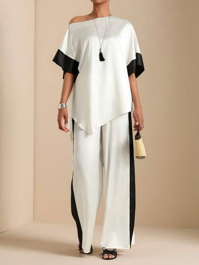 Vesra Conjunto elegante de 2 piezas para mujer: Top con cuello asimétrico de color contrastante y pantalones de pierna ancha