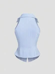 SHEIN PETITE 女士时尚百搭条纹单排扣通勤衬衫 - 藍色 - 查看 2