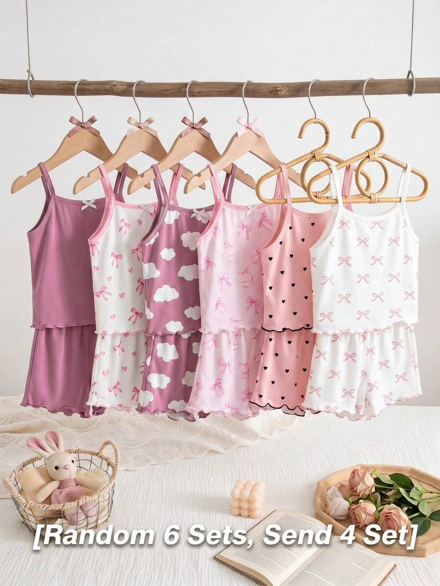 SHEIN 8件套女童纯色云朵蝴蝶结针织吊带背心和短裤睡衣套装 - 彩色 - 查看 1