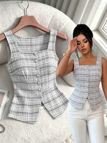 Elenzga Áo vest nữ thanh lịch, thời trang, chất liệu vải tweed dệt kim, cài khuy ngọc trai, cổ vuông, eo thắt, thích hợp cho kỳ nghỉ xuân hè. - Đen và trắng - Xem 1