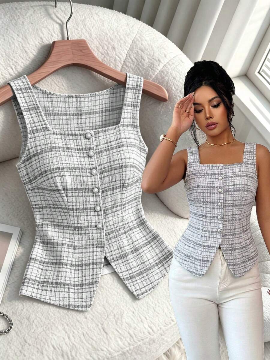Elenzga Áo vest nữ thanh lịch, thời trang, chất liệu vải tweed dệt kim, cài khuy ngọc trai, cổ vuông, eo thắt, thích hợp cho kỳ nghỉ xuân hè. - Đen và trắng - Xem 1