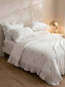 Cirelle 2/3 Pcs Polyester Bedding Set With Bow Embroidery & Ruffle Trim – Modern All-Season Duvet Cover + 1/2 Pillowcases (No Comforter), Wrinkle-Resistant & Soft Home Decor - White - View 1