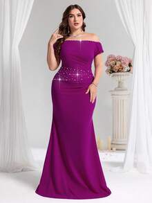 Coutiva Plus Size Women's Off Shoulder Pearl Accent Fitted Mermaid Formal Evening Dress, Party Dress, Gown, For Wedding Guest - Hot Pink - View 3