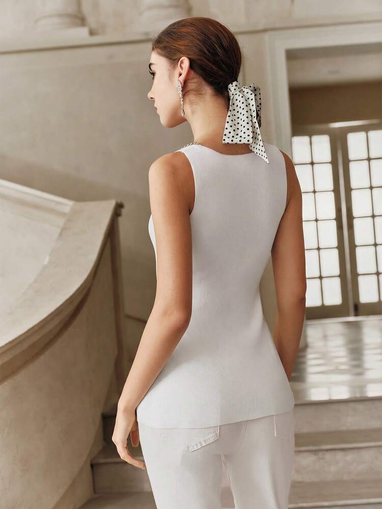 Elegant Bowknot Rhinestone Decor Square Neck Fitted Mid-Length Sleeveless Slit Hem Women's Knit Top, Summer Tops, Pink Tops, Valentine's Day Outfit