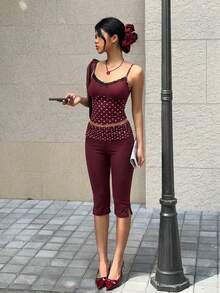 Women's Wine Red Polka Dot Print Skinny Leggings - Burgundy - View 5