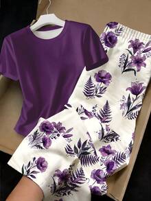 两件套少女休闲褶皱腰T恤和印花长裤套装，适合春夏日常穿着、街头风、外出和度假。 - 彩色 - 查看 3