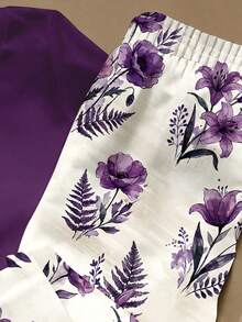 两件套少女休闲褶皱腰T恤和印花长裤套装，适合春夏日常穿着、街头风、外出和度假。 - 彩色 - 查看 5