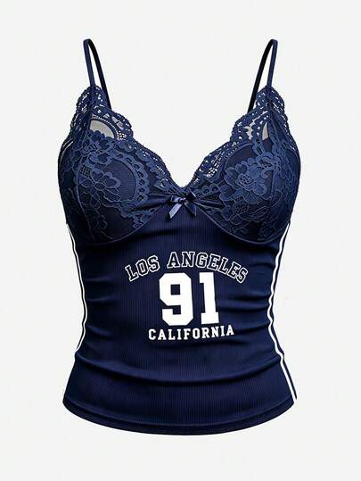 Gowayae Gowayae Women's Lace Camisole With Numeric Print, Slim Fit
