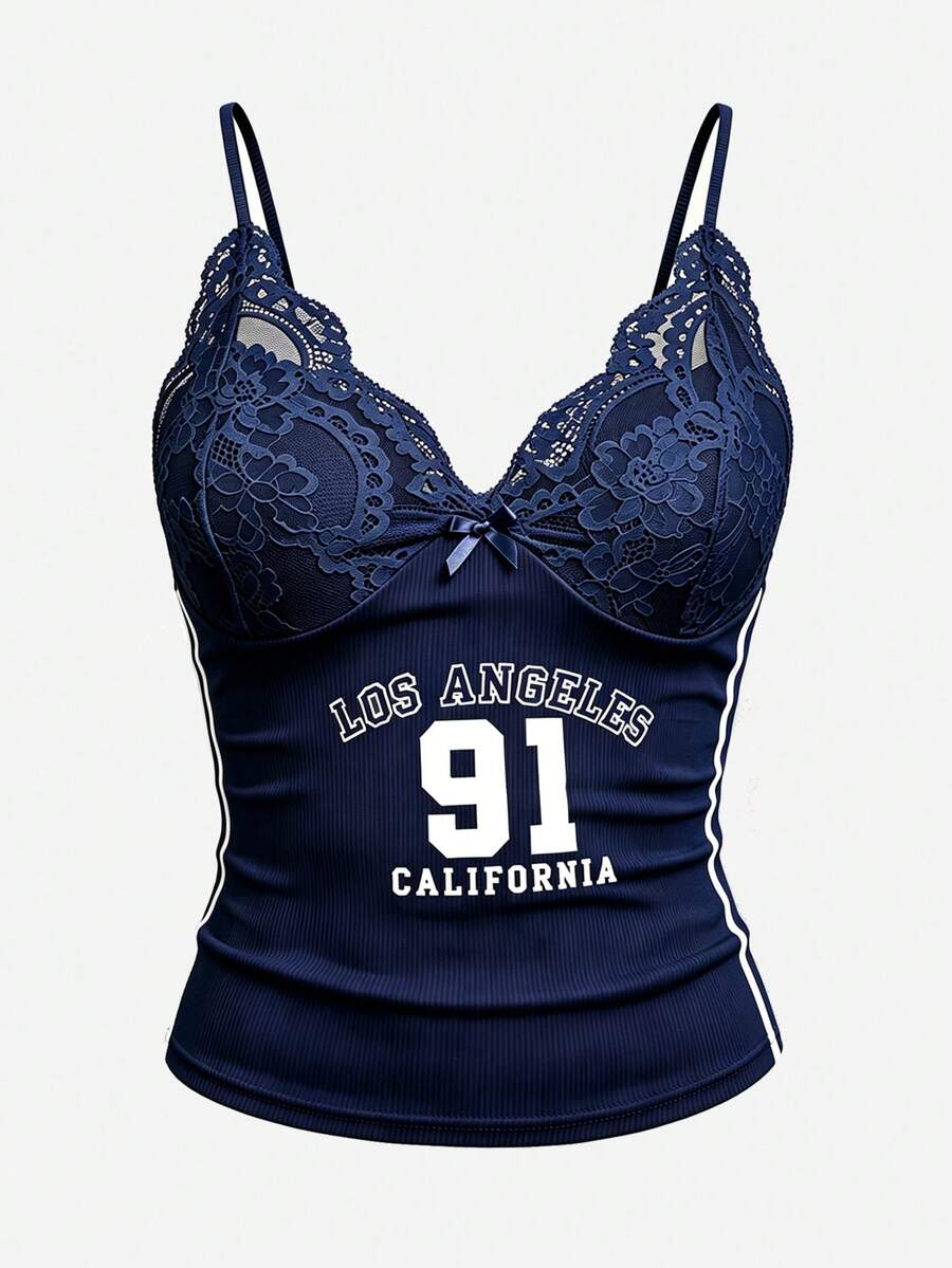 Gowayae Gowayae Áo hai dây ren nữ in số, dáng ôm. - Màu xanh hải quân - Xem 1