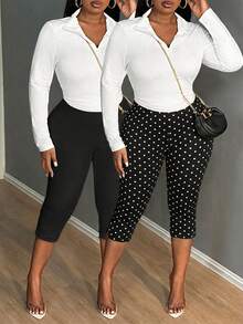 SHEIN SXY 2pcs Casual Retro Polka Dot Print Plus Size Women Black Leggings, Suitable For Spring/Summer, Music Festivals - Multicolor - View 4