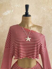 Soleia Women's Striped Asymmetrical Shoulder Long Sleeve Cropped T-Shirt And Shorts 2-Piece Set - Red - View 7
