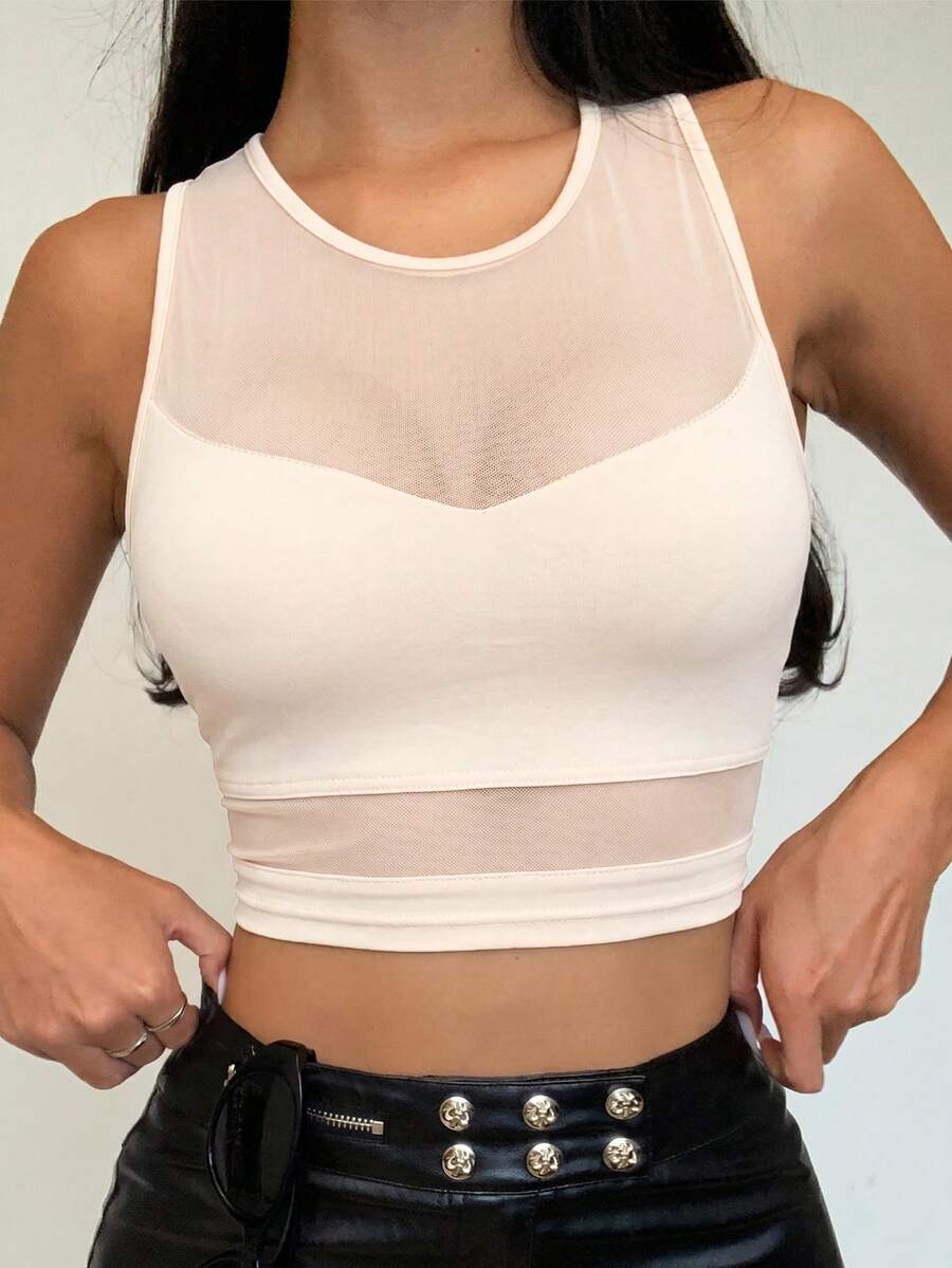 SHEIN PETITE Top deportivo de malla transparente minimalista para mujer - Albaricoque - Ver 1