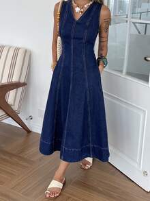 DAZY Đầm denim dài cổ chữ V dáng ôm dành cho nữ, thích hợp cho mùa xuân và mùa hè. - Màu xanh lam - Xem 5