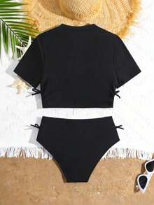 New Fashion Solid Color Fabric Swimwear Set For Tween Girl - Black - View 2