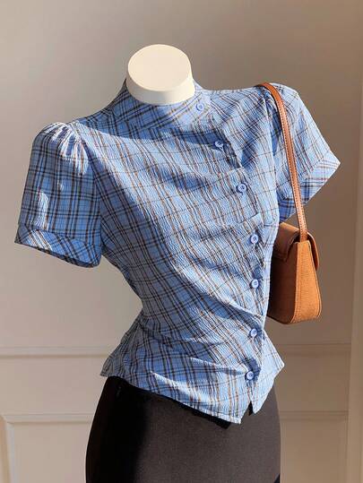 Comfortcana Spring/Summer New Women's Plaid Oversized Short Sleeve Cinched Waist Shirt, Suitable For Music Festivals, Baddie, Streetwear, Vintage, Y2K, Casual, And Campus Styles