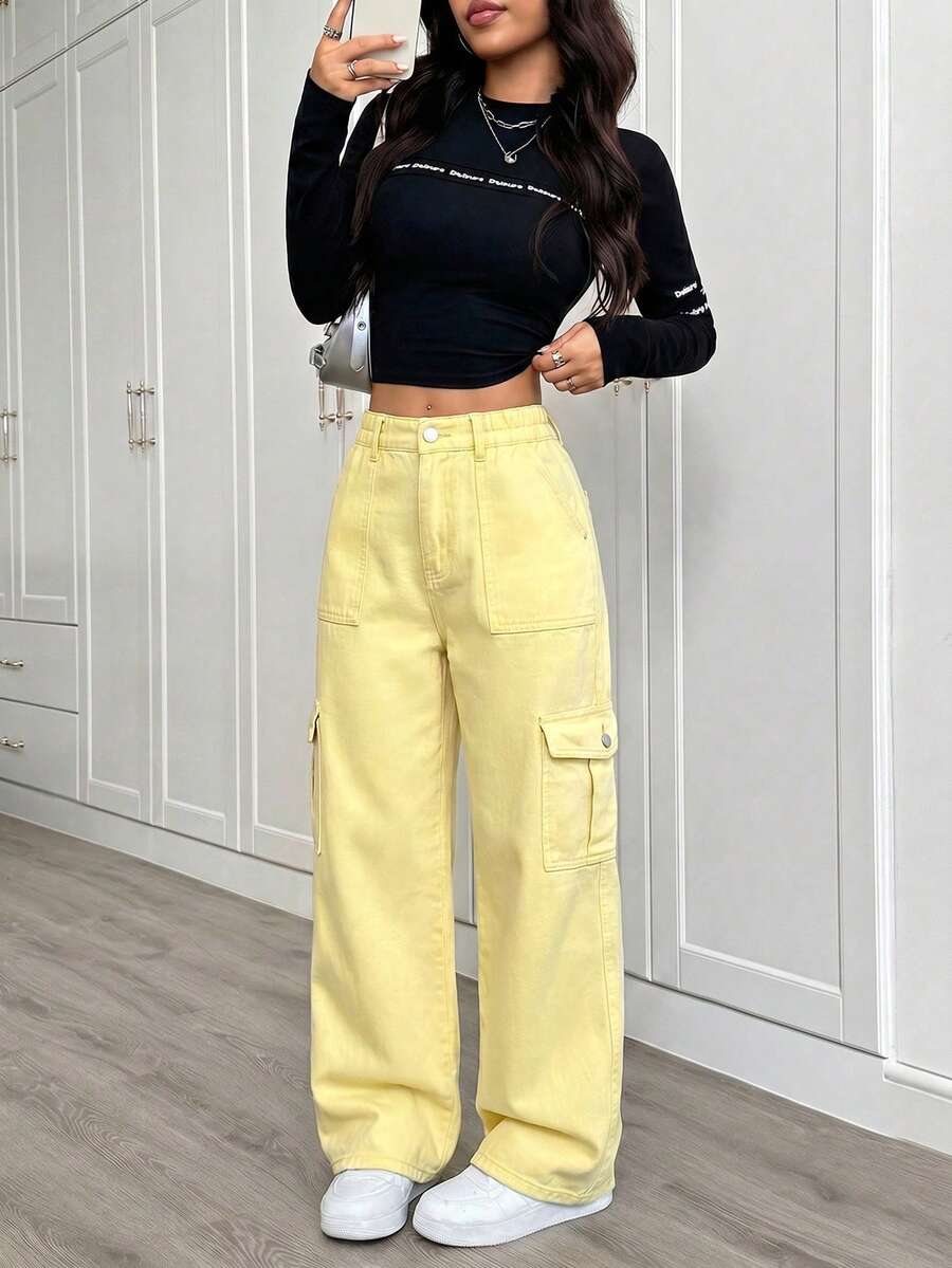 SHEIN PETITE 女款口袋鈕扣休閒牛仔褲,適合日常穿著,小碼女款 - 鵝黃色 - 查看 1