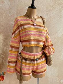 Soleia Bộ đồ thể thao nữ đi nghỉ mát, kẻ sọc, cổ áo bất đối xứng, áo crop top và quần short (2 món) - Nhiều màu - Xem 6
