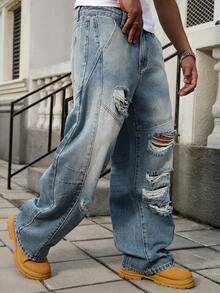 GALLERY FADE 男士街头时尚做旧水洗宽松阔腿牛仔裤 - 淺色水洗藍 - 查看 7