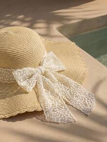 Swim Chiccia 1 pieza Sombrero de paja grande con ola fresca y simple de verano, versión coreana de todo el ocio de protección solar visera playa con perlas de imitación - Beis - Ver 3