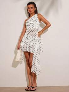 SHEIN BAE Robe à la mode avec volants à l'ourlet, imprimé à pois, sans manches pour femmes - Blanc - Voir 3