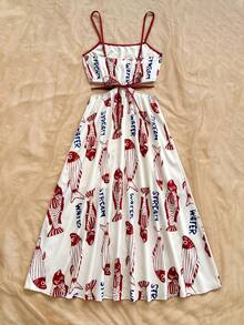 SHEIN WYWH 女士绿色热带花卉印花镂空系带A字中长吊带连衣裙，适合度假穿着 - 彩色 - 查看 2