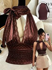 Blusa de verano de mujer con parte superior de tirantes con lunares marrones bordados, blusa corta sin mangas con cuello en V de encaje y cintura fruncida, top de verano para mujer, atuendo de fiesta, atuendo de playa, blusas elegantes de mujer, b - Óxido marrón - Ver 8