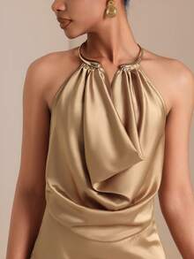 Vesra Women's Solid Color Plunging Neck Mesh Hem Dress - Khaki - View 7