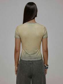 MUSERA 水洗修身婴儿T恤衫上衣 秋季街头风酷女孩Y2K日常休闲复古春夏假日 - 卡其色 - 查看 2