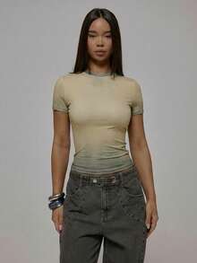 MUSERA 水洗修身婴儿T恤衫上衣 秋季街头风酷女孩Y2K日常休闲复古春夏假日 - 卡其色 - 查看 5