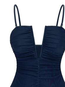 Swim Oasis 2pcs/Set Sexy Solid Color V-Neck Ruched Spaghetti Strap Bandeau One-Piece Swimsuit & Front Twist Slit Beach Dress Set - Blue - View 3