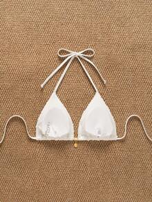 SHEIN Swim Mod Random Gold Shell Print Halter Bikini Top, Sexy Swimwear Top For Summer Vacation - White - View 2