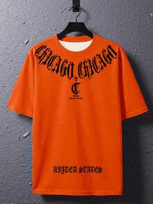 Lornexis Orange CHICAGO Print Plus Size T-Shirt, Gothic Letter Graphic Loose Fit Crew Neck Tee For Plus Size Men - Multicolor - View 3