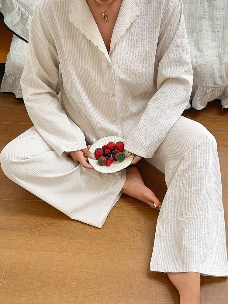 Dazy Plus Striped Textured Fabric Embroidered Ruffle Collar Petal Sleeve Top & Long Pants Plus Size Women Spring/Summer Pajama Set