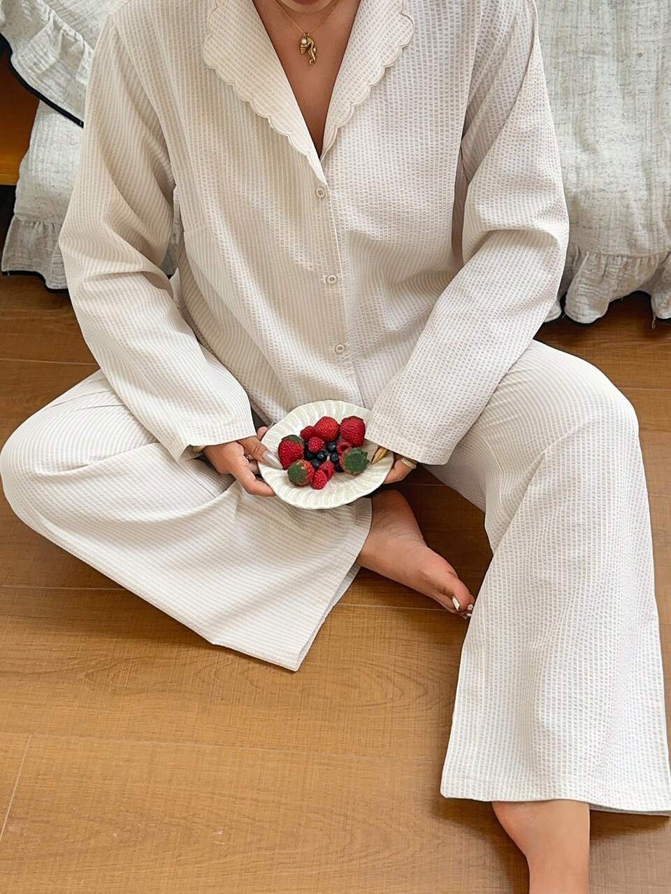 Dazy Plus Striped Textured Fabric Embroidered Ruffle Collar Petal Sleeve Top & Long Pants Plus Size Women Spring/Summer Pajama Set