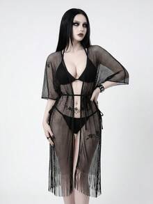 ROMWE Goth 女士优雅哥特风网纱透明流苏系带泳衣罩衫，适合海滩、度假、春夏秋季穿着 - 黑色 - 查看 5