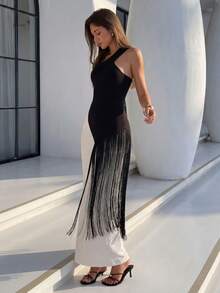 Firerie 女士优雅浪漫精致简约端庄舞会派对婚礼宾客约会度假黑白撞色流苏修身连衣裙，春夏款 - 黑與白 - 查看 1